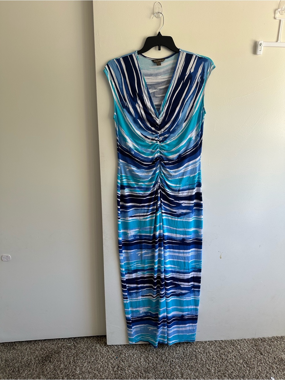 Tommy Bahama Blue, Aqua & Navy Striped Ruched Maxi Dress